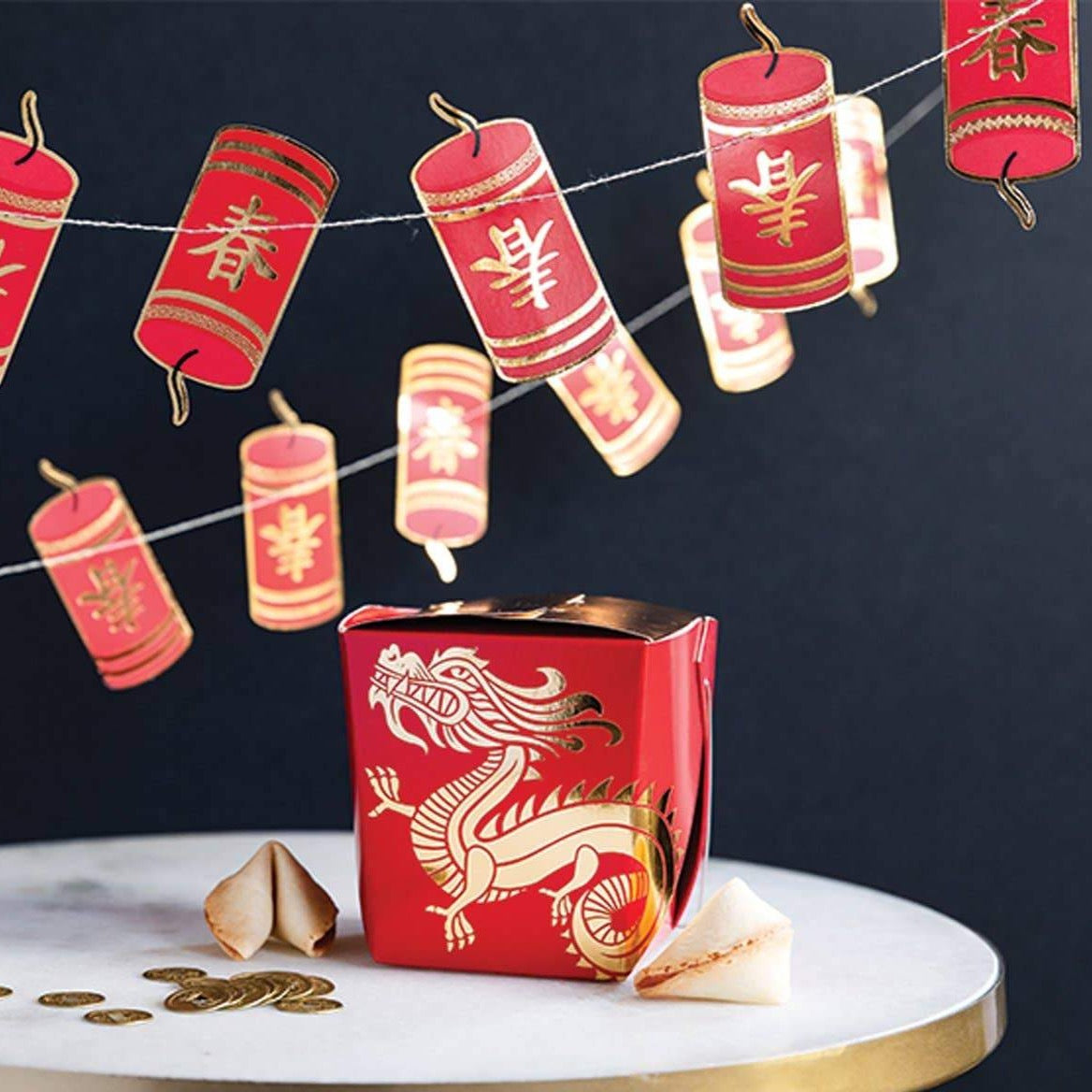 Two Gold Foil Accented Dragons with Red Streamers Chinese New Year Card