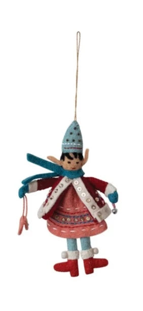 Handmade Wool Felt Elf Ornament w/ Embroidery & Sequins