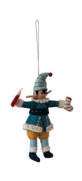 Handmade Wool Felt Elf Ornament w/ Embroidery & Sequins