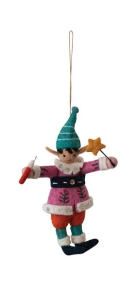 Handmade Wool Felt Elf Ornament w/ Embroidery & Sequins