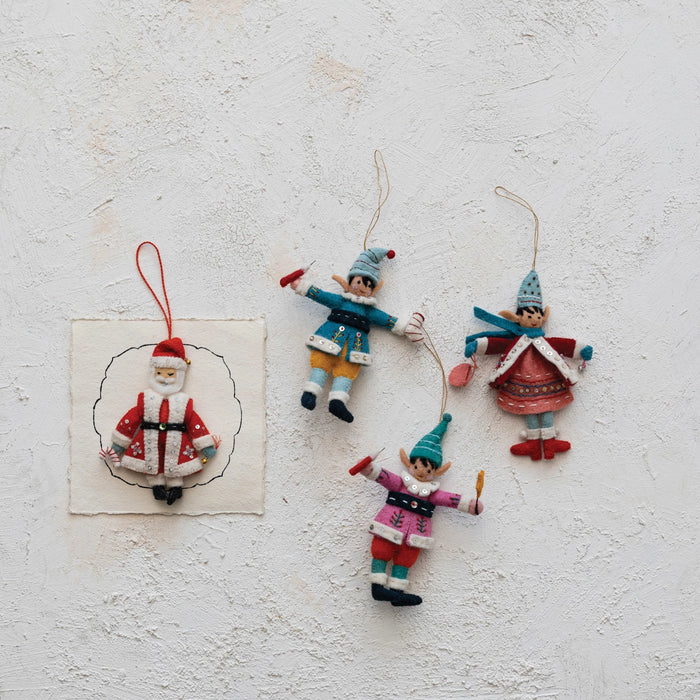 Handmade Wool Felt Elf Ornament w/ Embroidery & Sequins