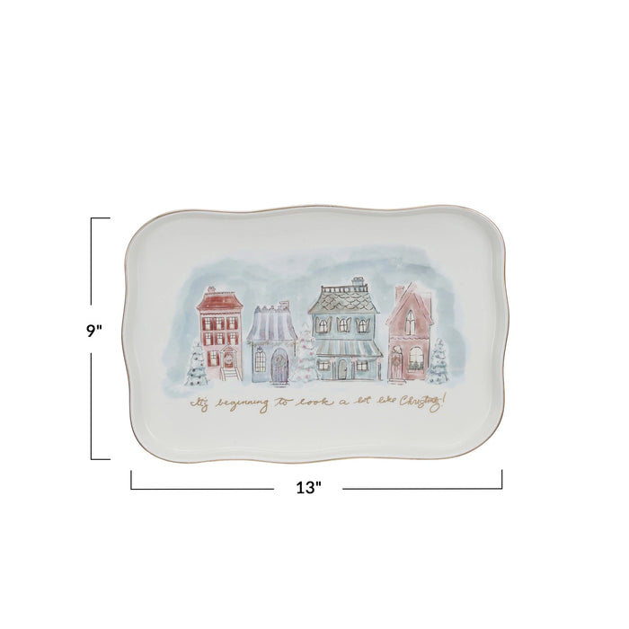 Stoneware Platter w/ Village Christmas Scene & Gold Electroplating