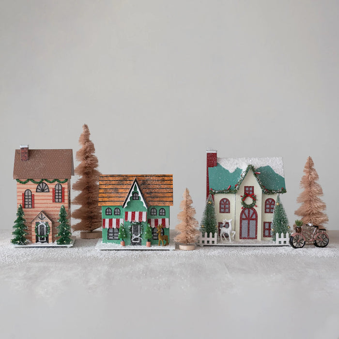 Terra Cotta Paper House w/ Trees, Glitter & LED Light