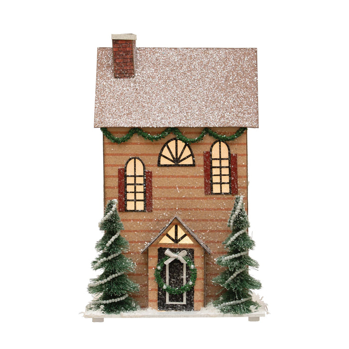 Terra Cotta Paper House w/ Trees, Glitter & LED Light