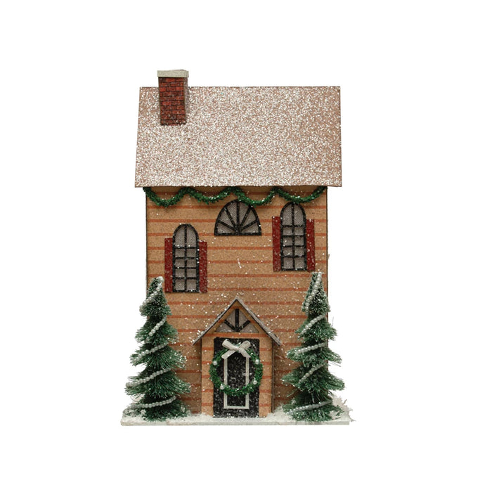 Terra Cotta Paper House w/ Trees, Glitter & LED Light